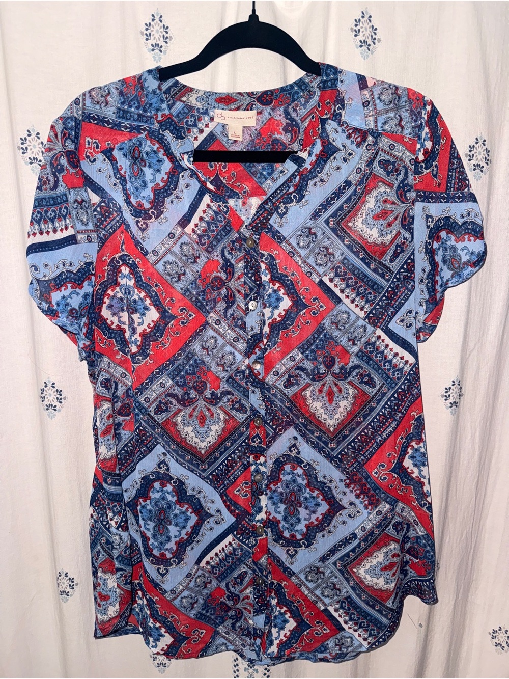 DB Established 1962 Paisley Patchwork Blouse Blue Red Button Front Size Large